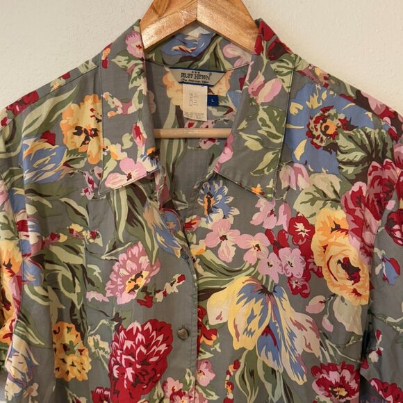 Ruff Hewn Cotton Tropical Floral Set Button Down Blouse AND Wrap Skirt Size L/16 - Picture 3 of 14